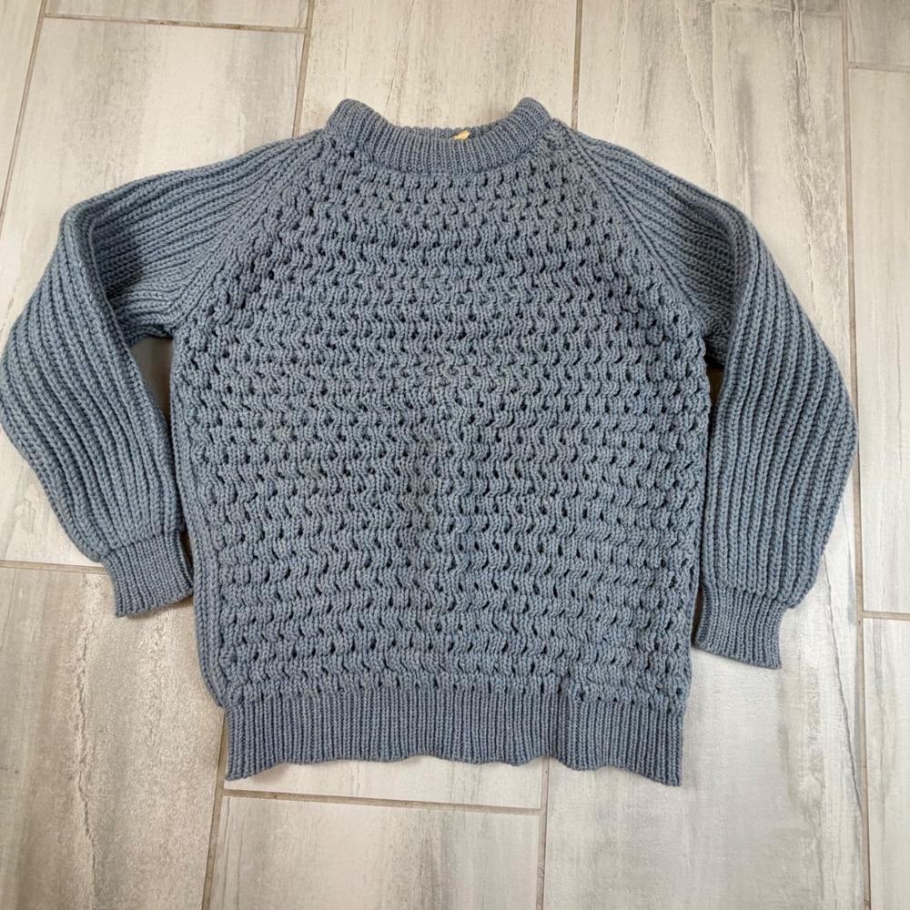 Cornish Chunky Pure Wool Sweater Blue Hand Knit Made in England Medium